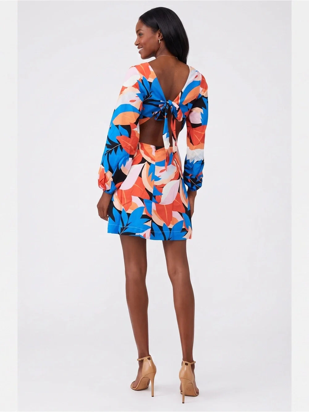 MINKPINK Lukas Viscose Tropical Leaf Tie-Back Puff Long Sleeve Mini Dress $139